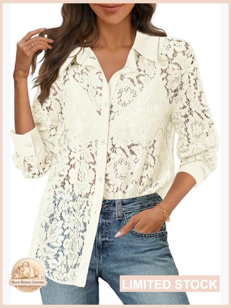 Lace Long Sleeve Blouse Sheer Elegant Button Down Chic Casual Dressy Top